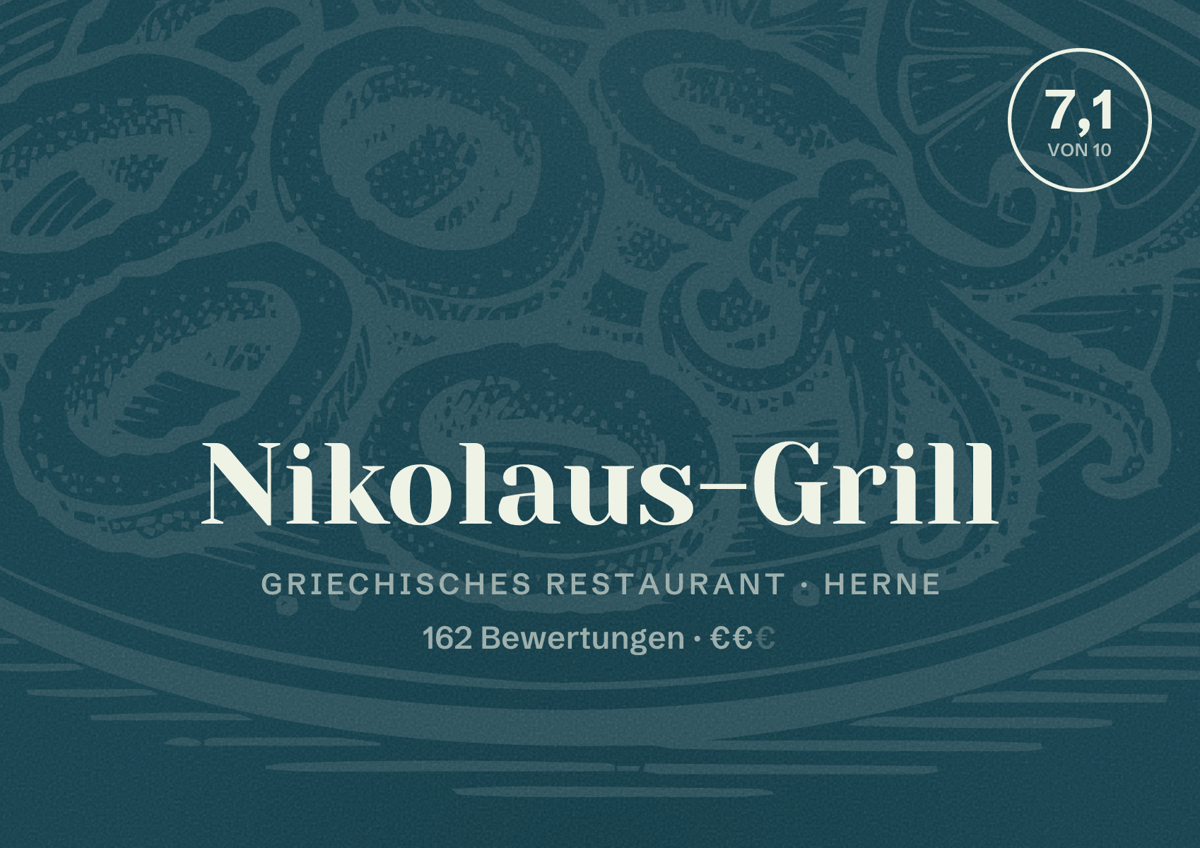 Illustriertes Poster von Nikolaus-Grill, Griechisches Restaurant in Herne: Bewertung 7,1 von 10 aus 162 Bewertungen, Preisniveau €€