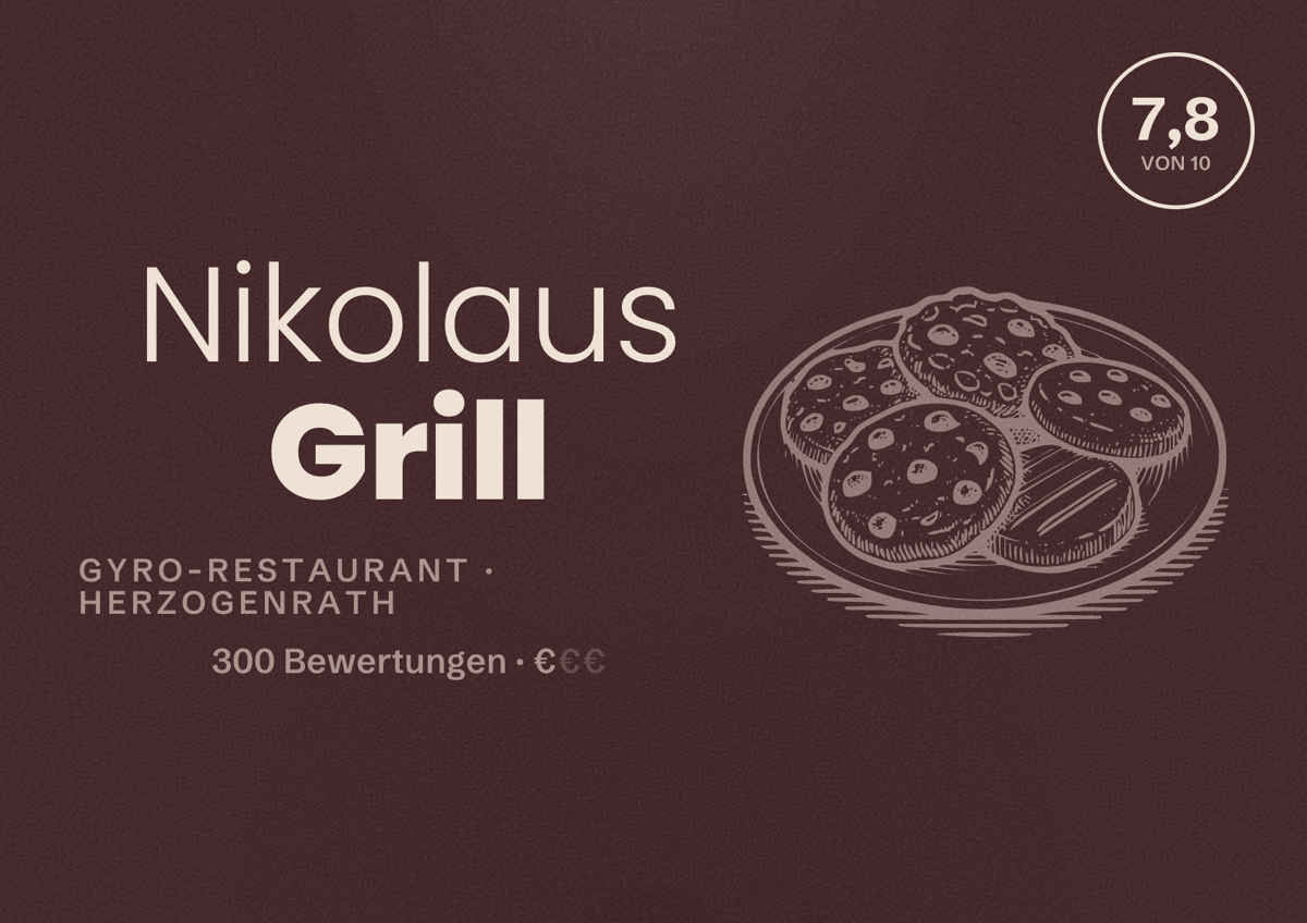Illustriertes Poster von Nikolaus Grill, Gyro-Restaurant in Herzogenrath: Bewertung 7,8 von 10 aus 300 Bewertungen, Preisniveau €