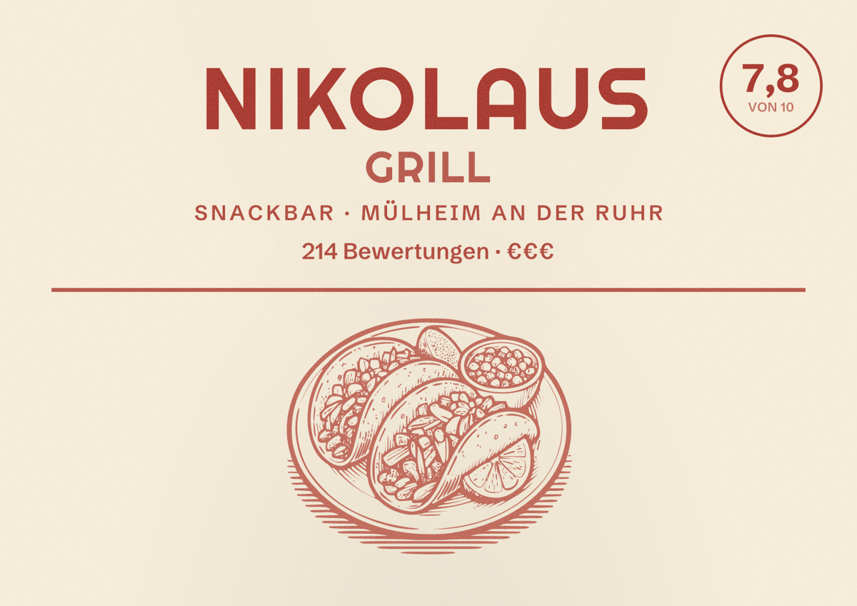 Illustriertes Poster von Nikolaus Grill, Snackbar in Mülheim an der Ruhr: Bewertung 7,8 von 10 aus 214 Bewertungen, Preisniveau €€€