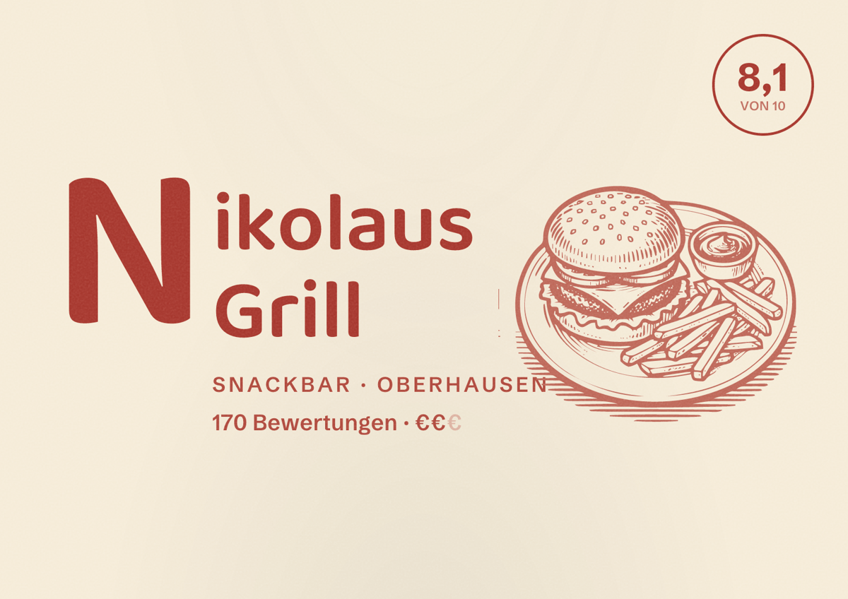 Illustriertes Poster von Nikolaus Grill, Snackbar in Oberhausen: Bewertung 8,1 von 10 aus 170 Bewertungen, Preisniveau €€