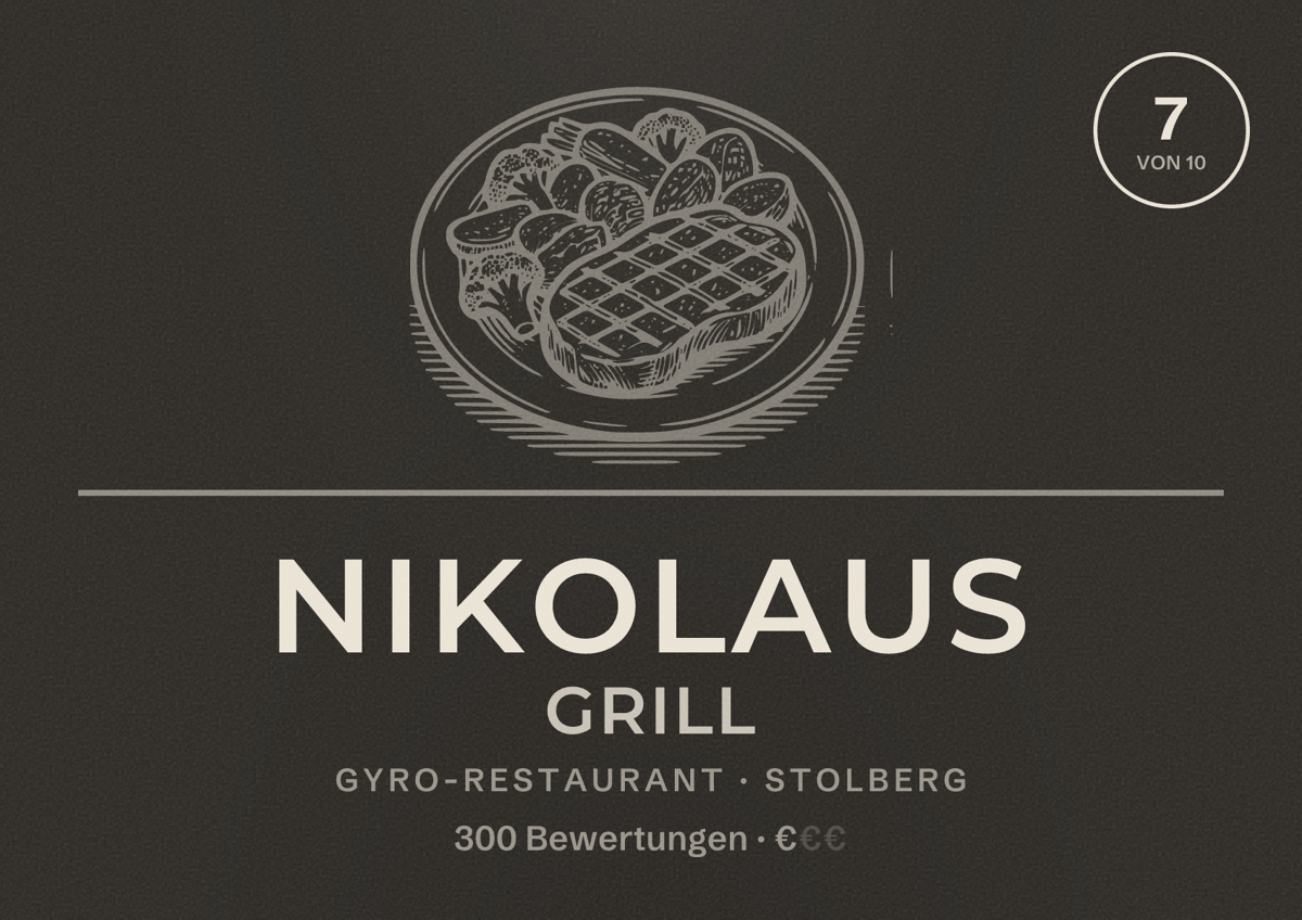 Illustriertes Poster von Nikolaus Grill, Gyro-Restaurant in Stolberg: Bewertung 7 von 10 aus 300 Bewertungen, Preisniveau €