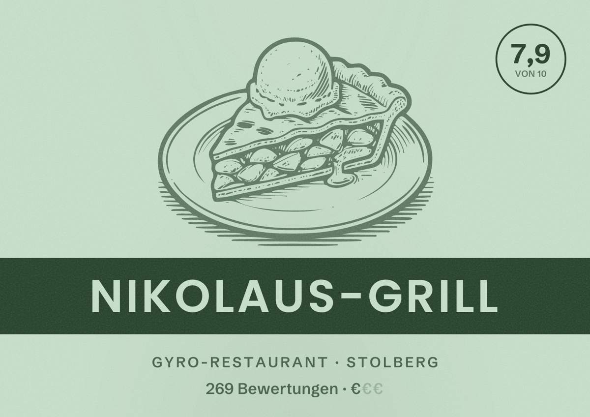 Illustriertes Poster von Nikolaus-Grill, Gyro-Restaurant in Stolberg: Bewertung 7,9 von 10 aus 269 Bewertungen, Preisniveau €