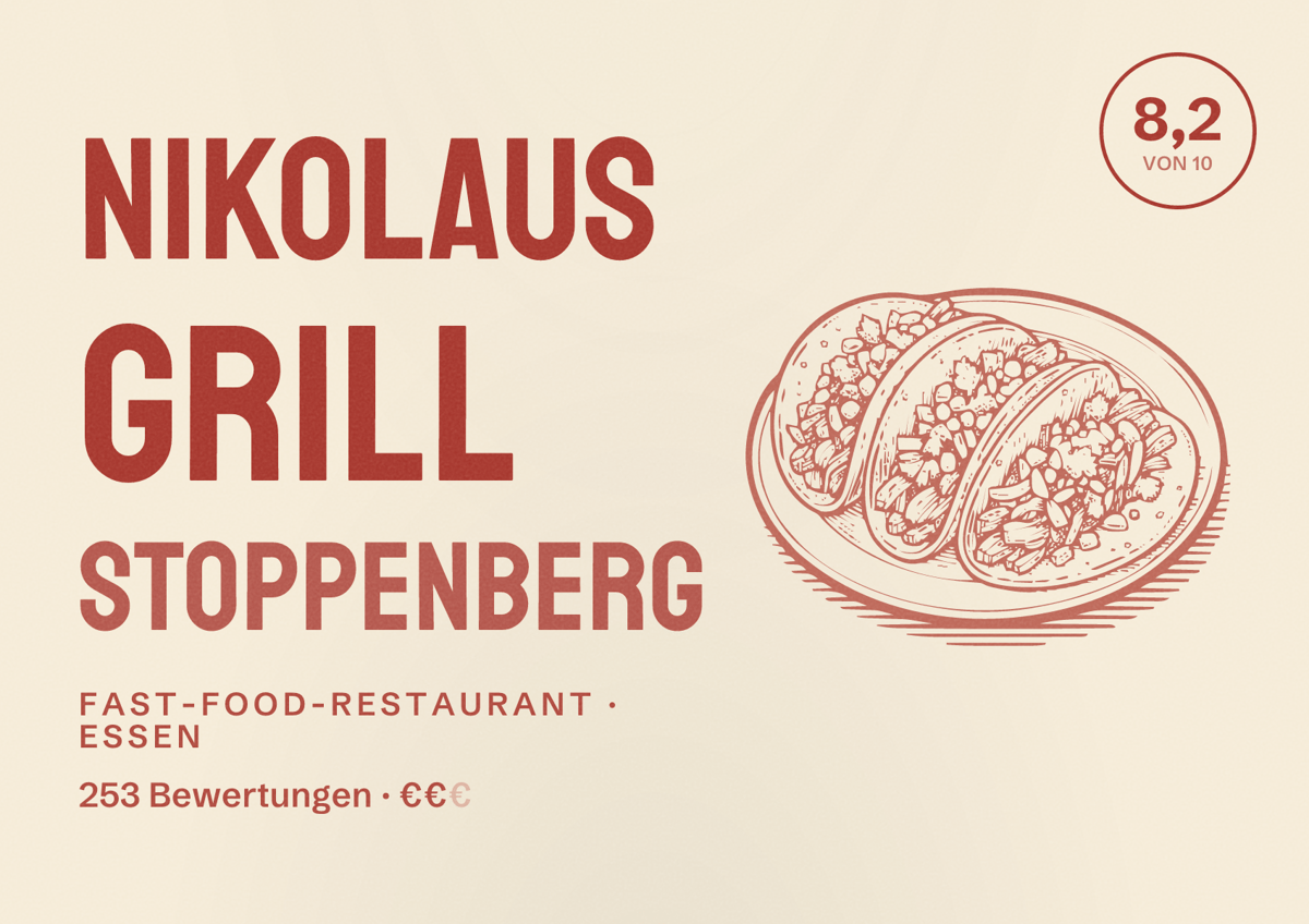 Illustriertes Poster von Nikolaus Grill Stoppenberg, Fast-Food-Restaurant in Essen: Bewertung 8,2 von 10 aus 253 Bewertungen, Preisniveau €€