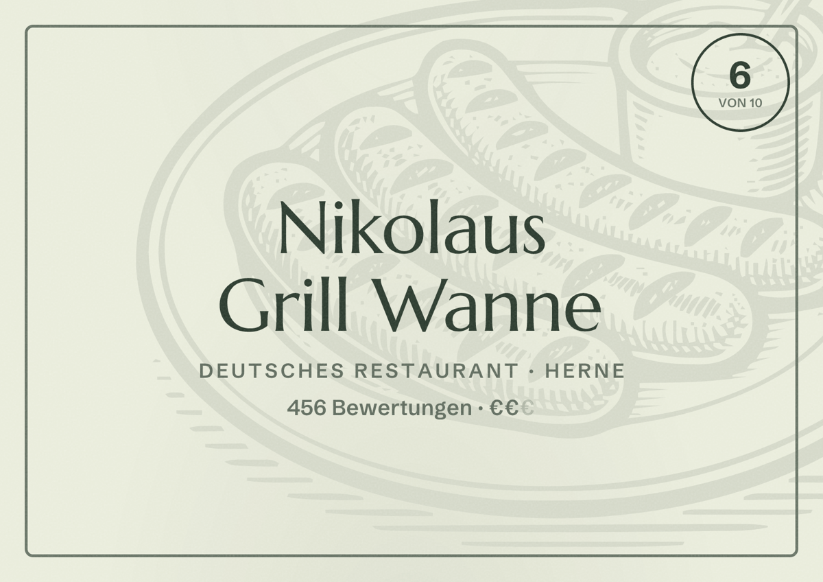 Illustriertes Poster von Nikolaus Grill Wanne, Deutsches Restaurant in Herne: Bewertung 6,0 von 10 aus 456 Bewertungen, Preisniveau €€