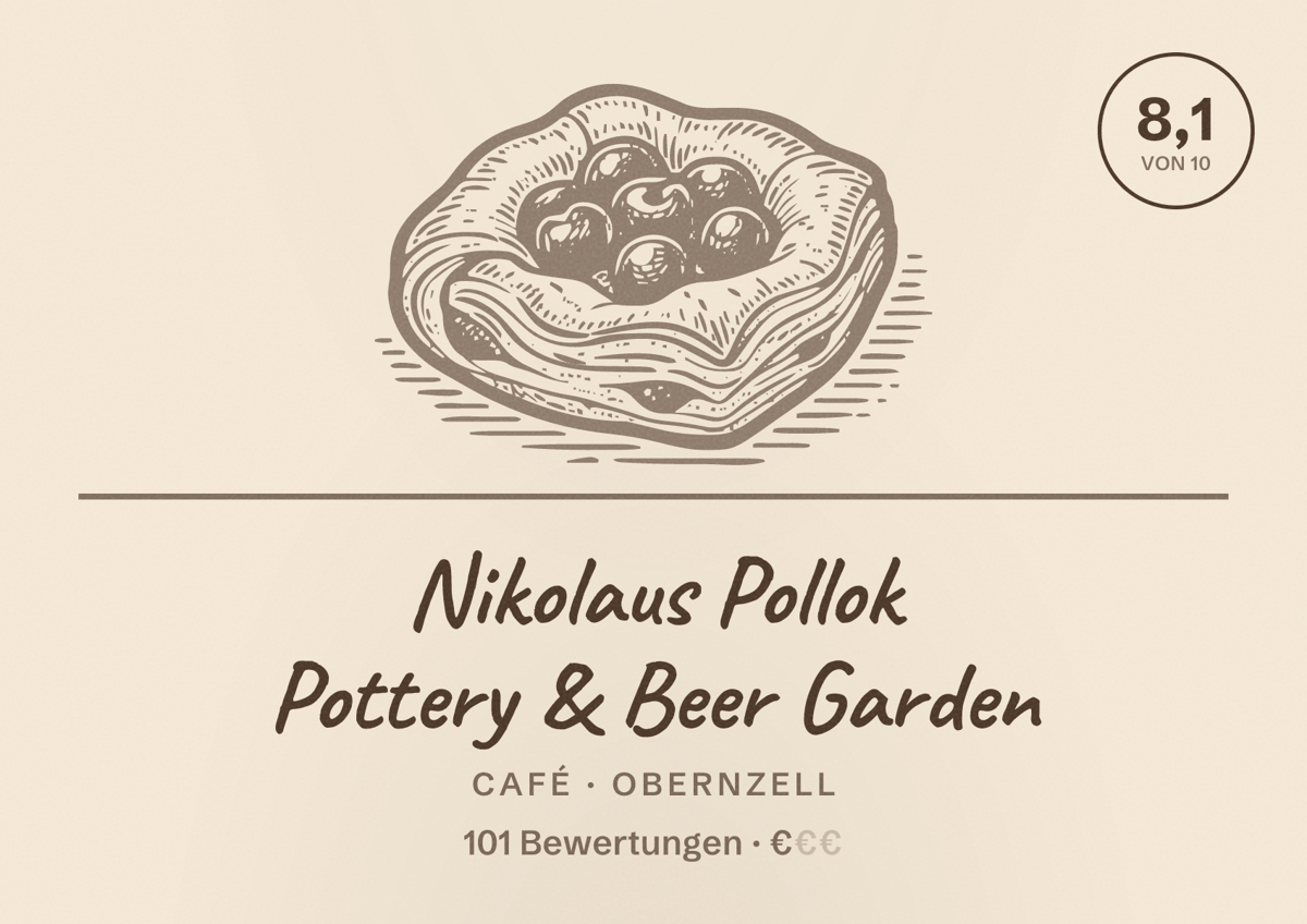 Illustriertes Poster von Nikolaus Pollok Pottery & Beer Garden, Café in Obernzell: Bewertung 8,1 von 10 aus 101 Bewertungen, Preisniveau €