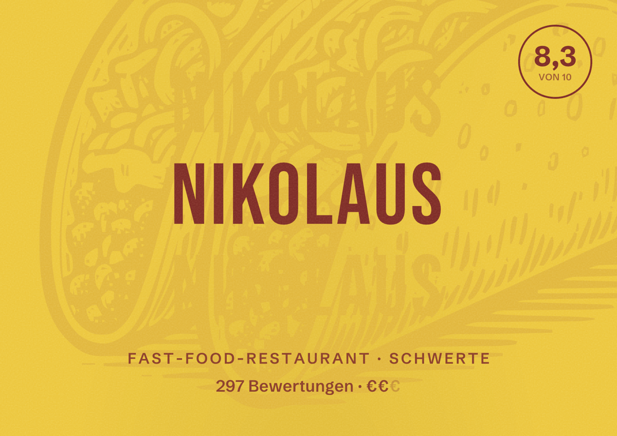 Illustriertes Poster von Nikolaus, Fast-Food-Restaurant in Schwerte: Bewertung 8,3 von 10 aus 297 Bewertungen, Preisniveau €€