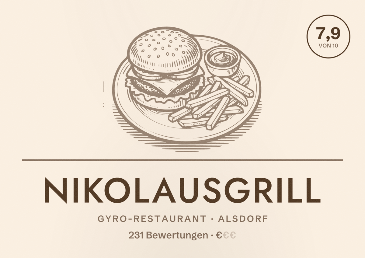 Illustriertes Poster von Nikolausgrill, Gyro-Restaurant in Alsdorf: Bewertung 7,9 von 10 aus 231 Bewertungen, Preisniveau €