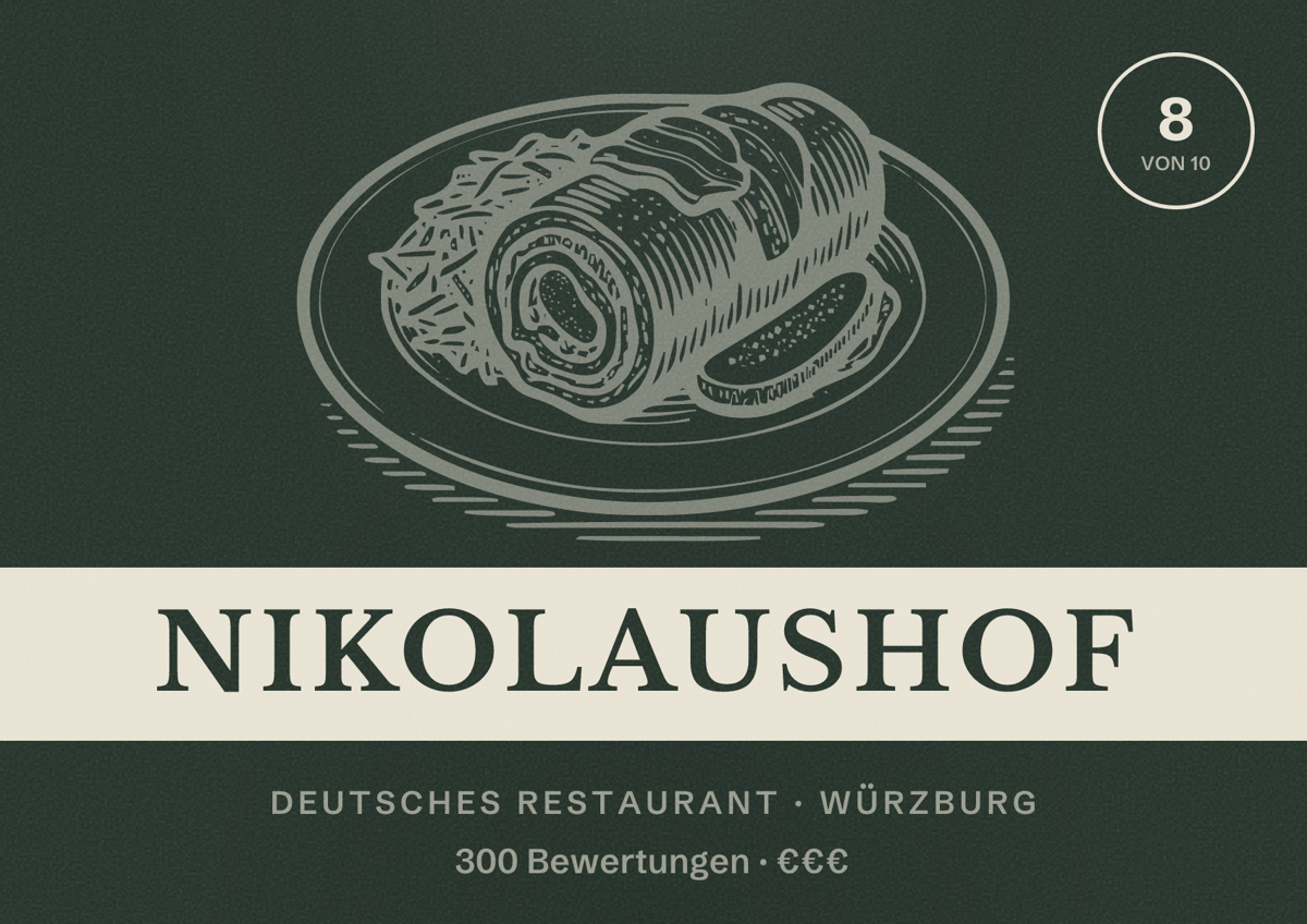 Illustriertes Poster von Nikolaushof, Deutsches Restaurant in Würzburg: Bewertung 8 von 10 aus 300 Bewertungen, Preisniveau €€€