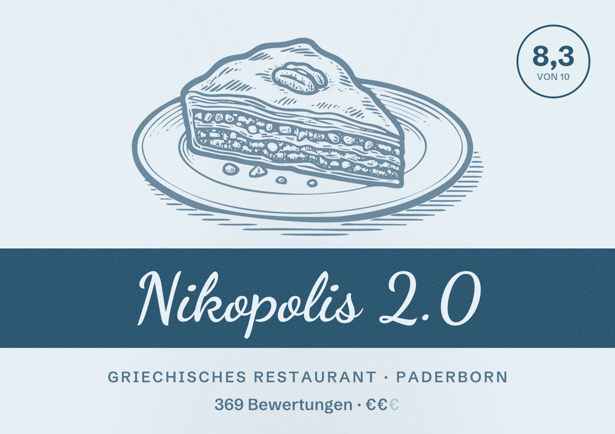 Illustriertes Poster von Nikopolis 2.0, Griechisches Restaurant in Paderborn: Bewertung 8,3 von 10 aus 369 Bewertungen, Preisniveau €€