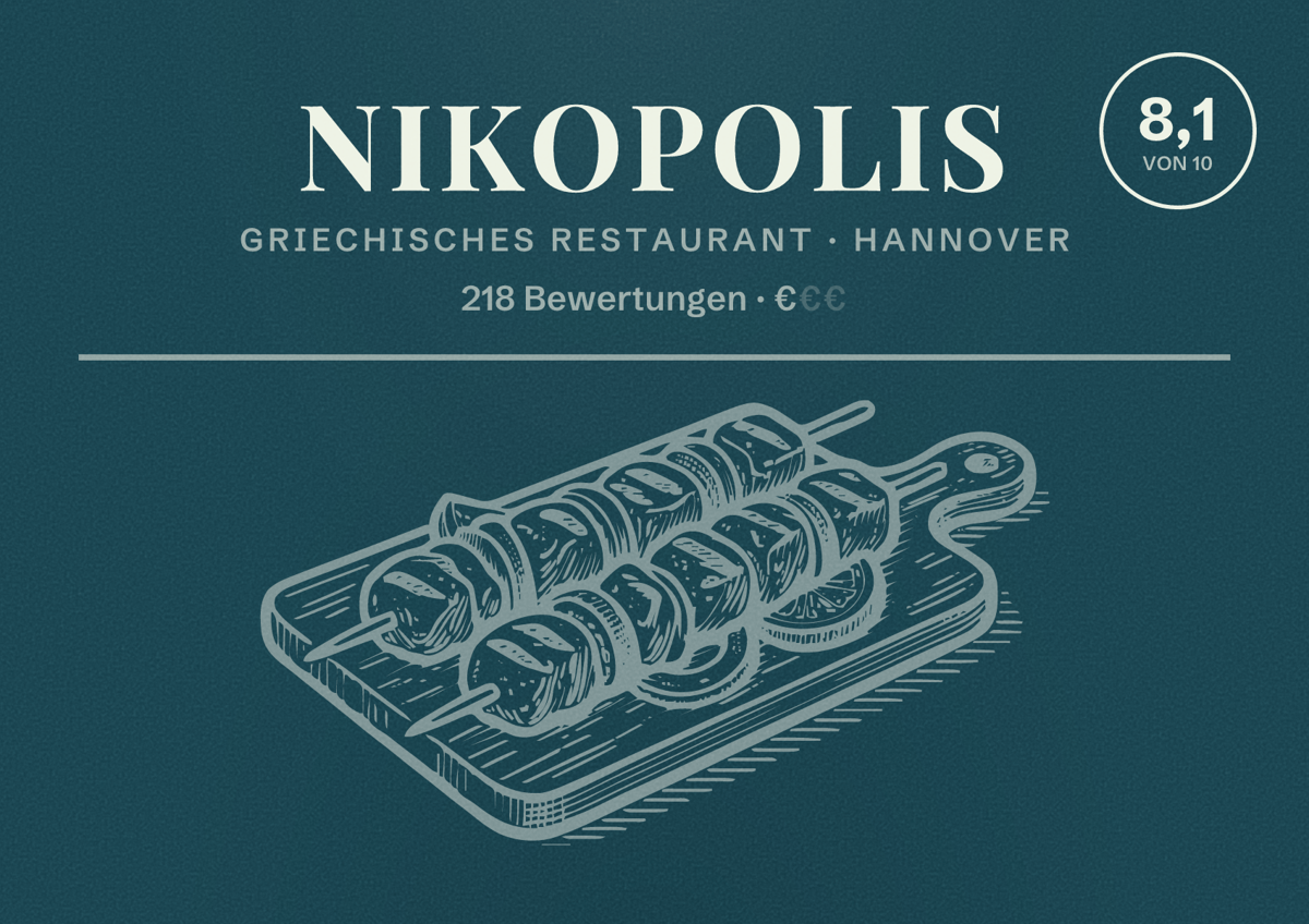 Illustriertes Poster von Nikopolis, Griechisches Restaurant in Hannover: Bewertung 8,1 von 10 aus 218 Bewertungen, Preisniveau €
