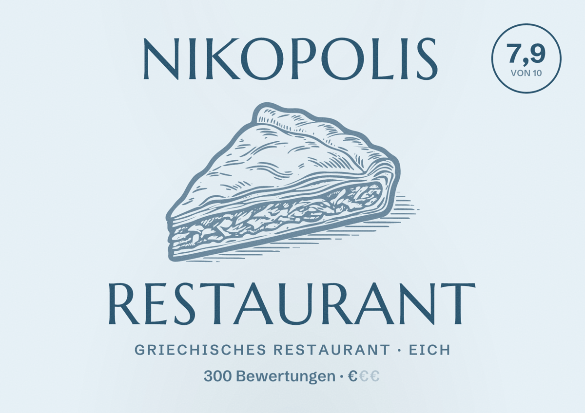 Illustriertes Poster von Nikopolis Restaurant, Griechisches Restaurant in Eich: Bewertung 7,9 von 10 aus 300 Bewertungen, Preisniveau €