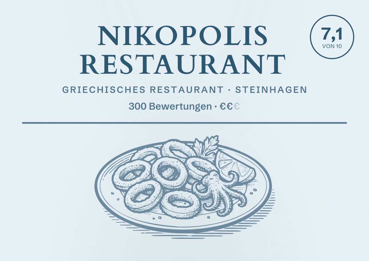 Illustriertes Poster von Nikopolis Restaurant, Griechisches Restaurant in Steinhagen: Bewertung 7,1 von 10 aus 300 Bewertungen, Preisniveau €€
