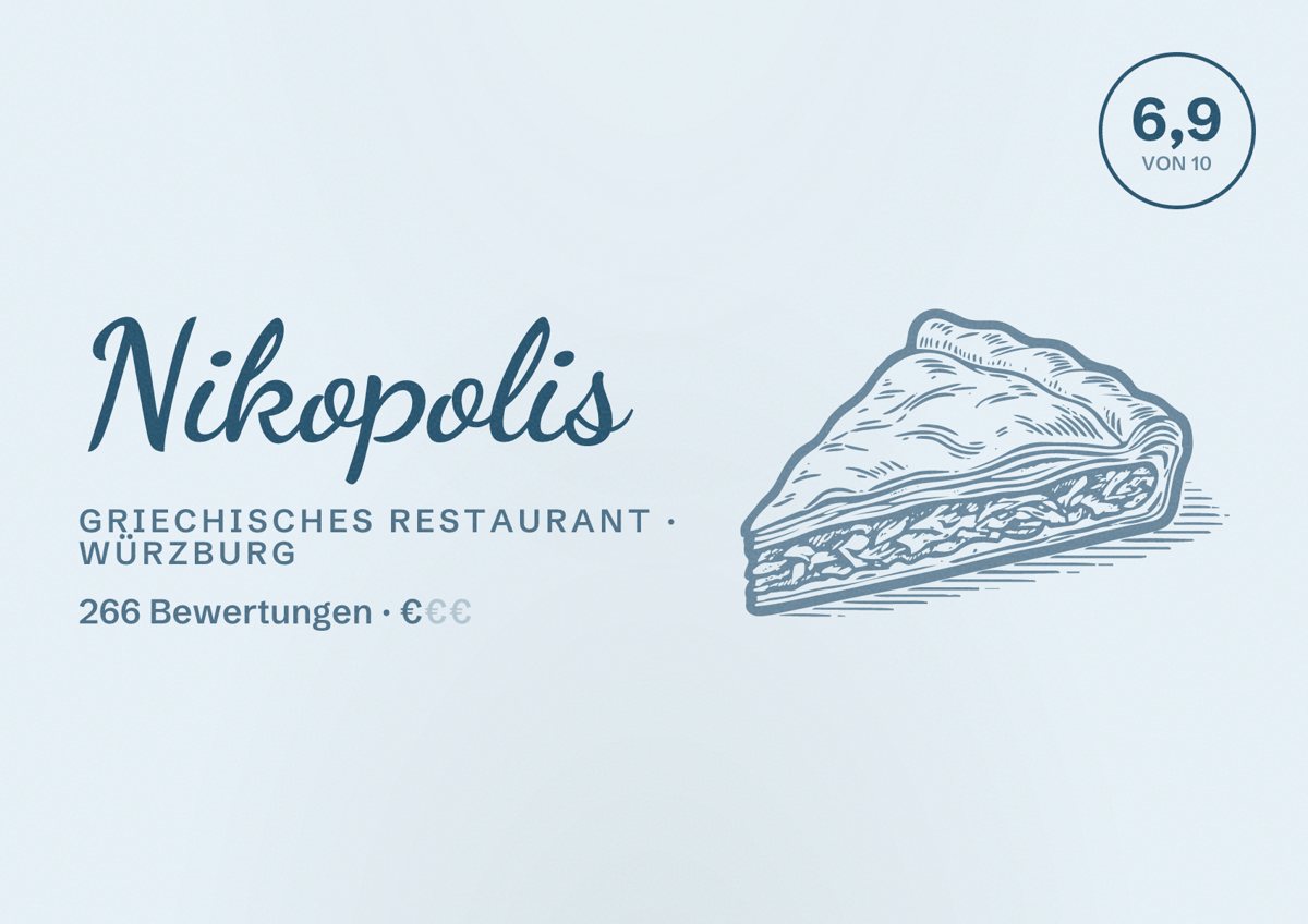 Illustriertes Poster von Nikopolis, Griechisches Restaurant in Würzburg: Bewertung 6,9 von 10 aus 266 Bewertungen, Preisniveau €