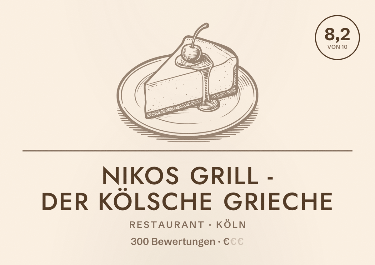 Illustriertes Poster von Nikos Grill - Der kölsche Grieche, Restaurant in Köln: Bewertung 8,2 von 10 aus 300 Bewertungen, Preisniveau €