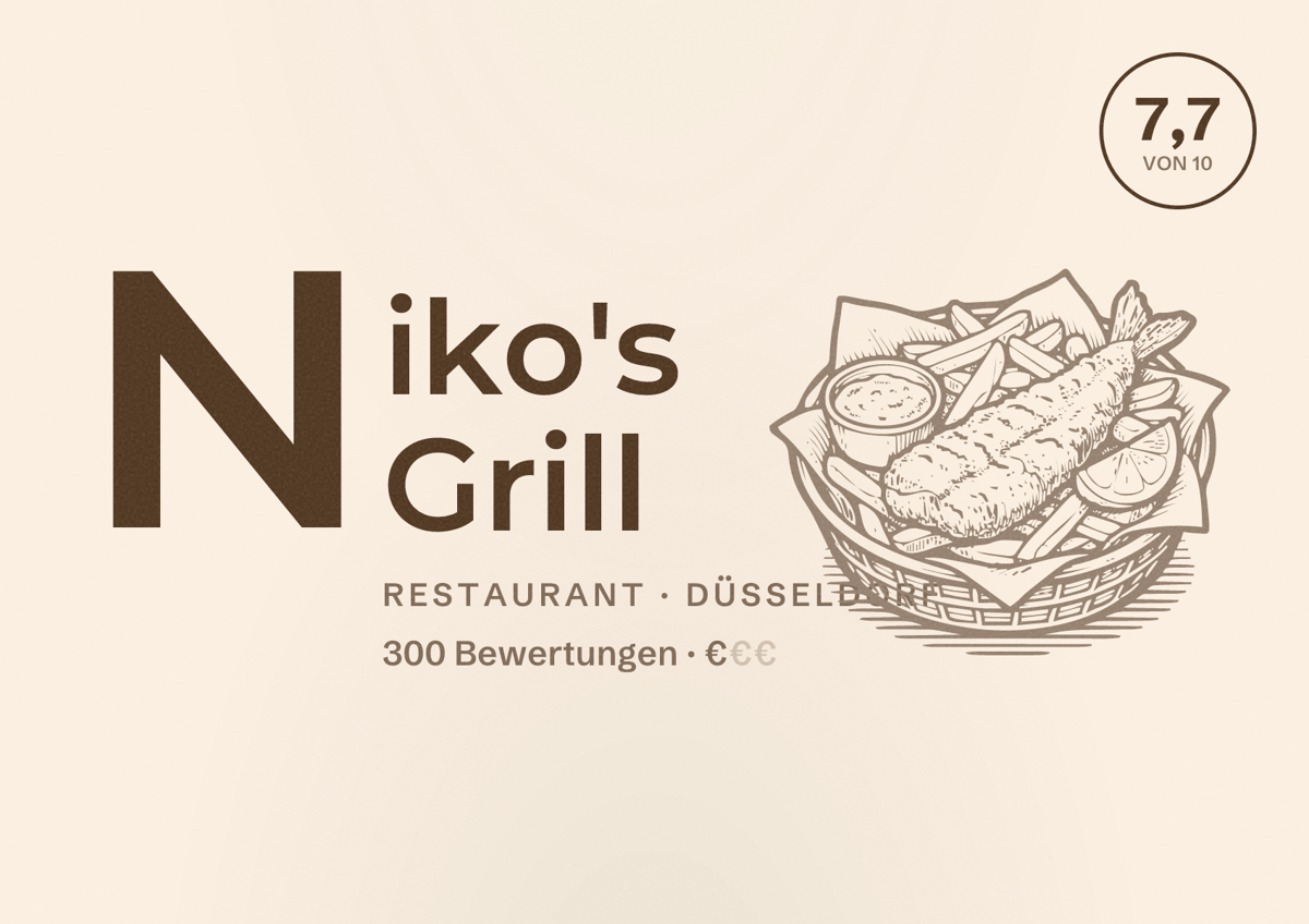Illustriertes Poster von Niko's Grill, Restaurant in Düsseldorf: Bewertung 7,7 von 10 aus 300 Bewertungen, Preisniveau €