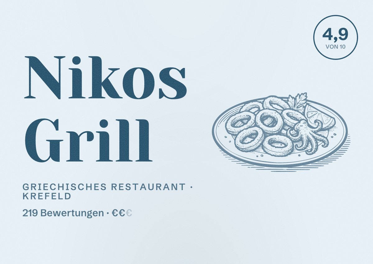 Illustriertes Poster von Nikos Grill, Griechisches Restaurant in Krefeld: Bewertung 4,9 von 10 aus 219 Bewertungen, Preisniveau €€