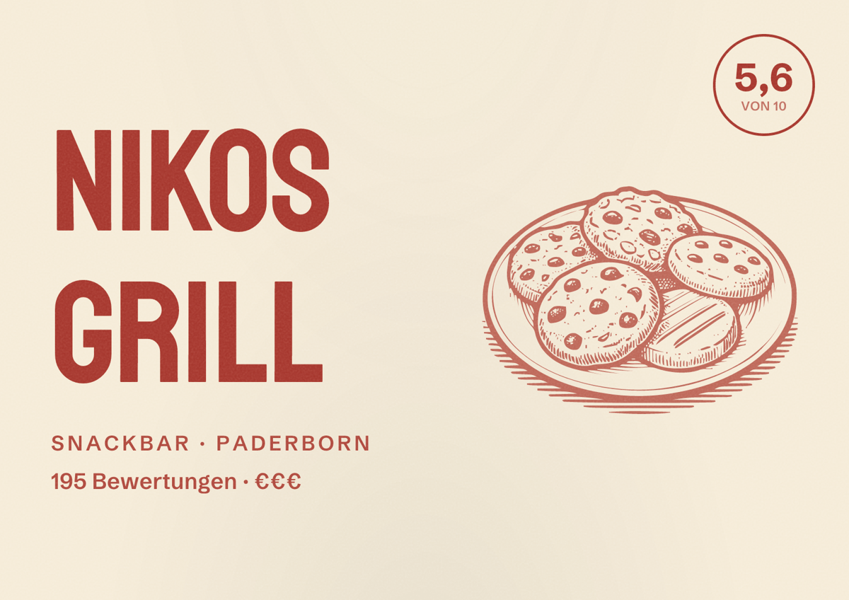 Illustriertes Poster von Nikos Grill, Snackbar in Paderborn: Bewertung 5,6 von 10 aus 195 Bewertungen, Preisniveau €€€