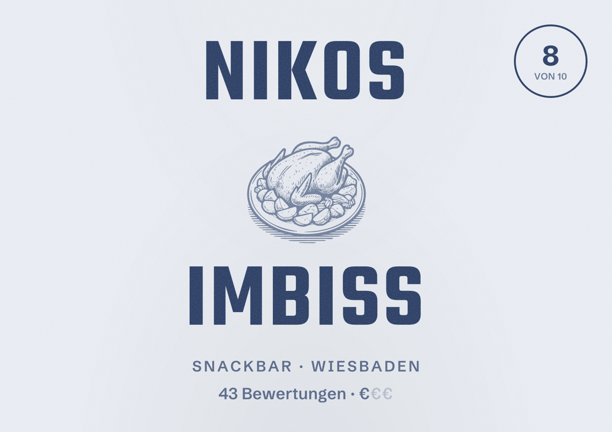 Illustriertes Poster von Nikos Imbiss, Snackbar in Wiesbaden: Bewertung 8,0 von 10 aus 43 Bewertungen, Preisniveau €