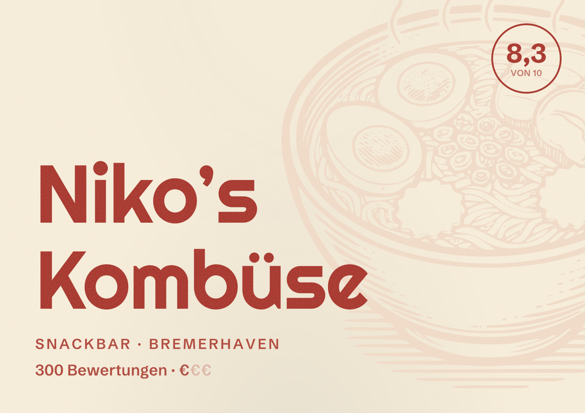 Illustriertes Poster von Niko’s Kombüse, Snackbar in Bremerhaven: Bewertung 8,3 von 10 aus 300 Bewertungen, Preisniveau €