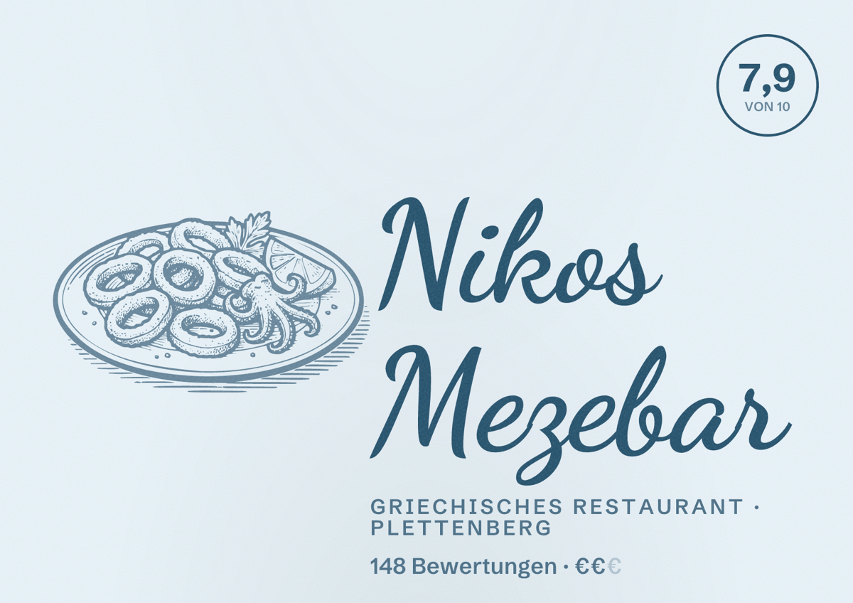 Illustriertes Poster von Nikos Mezebar, Griechisches Restaurant in Plettenberg: Bewertung 7,9 von 10 aus 148 Bewertungen, Preisniveau €€