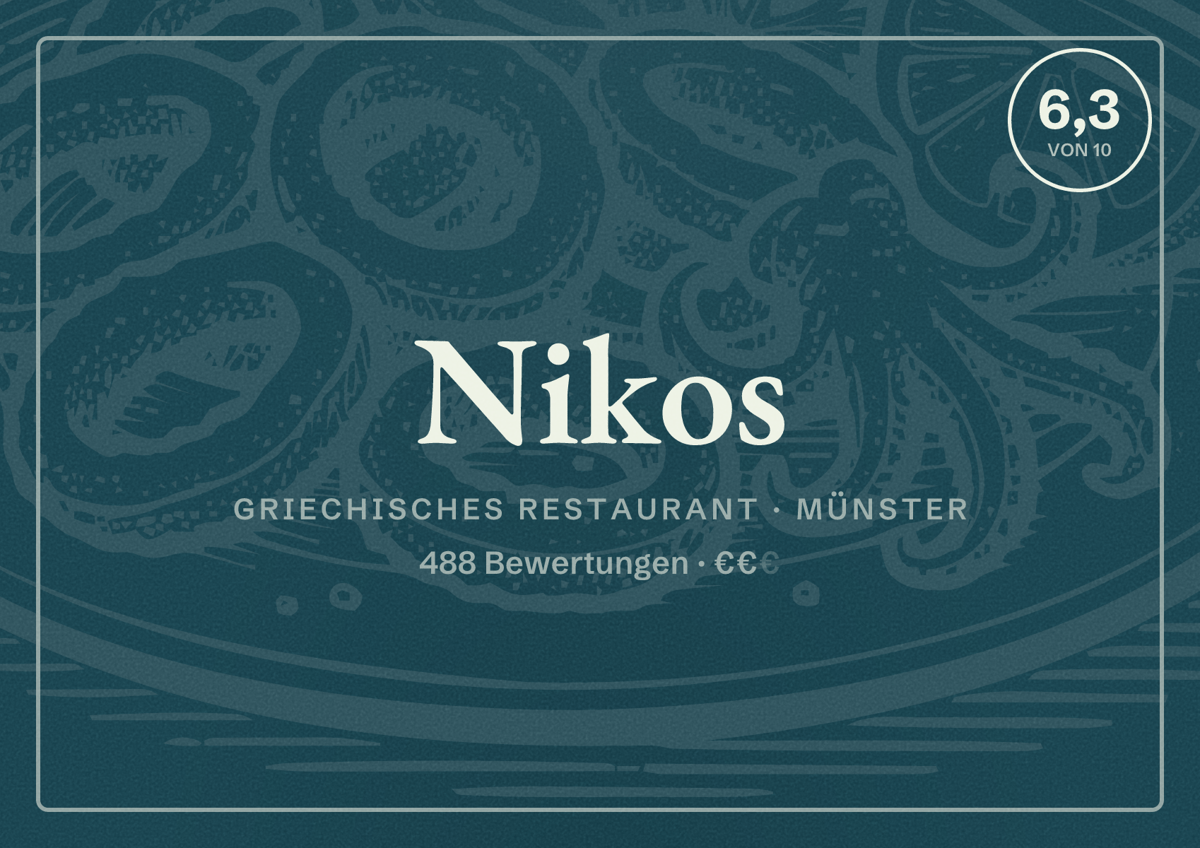 Illustriertes Poster von Nikos, Griechisches Restaurant in Münster: Bewertung 6,3 von 10 aus 488 Bewertungen, Preisniveau €€