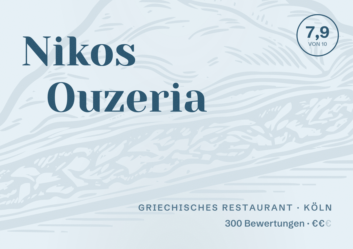Illustriertes Poster von Nikos Ouzeria, Griechisches Restaurant in Köln: Bewertung 7,9 von 10 aus 300 Bewertungen, Preisniveau €€