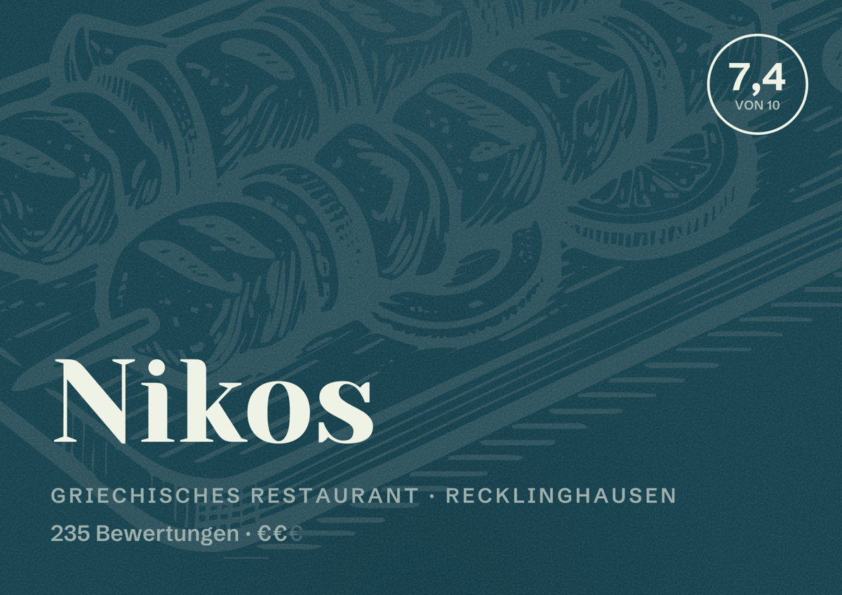 Illustriertes Poster von Nikos, Griechisches Restaurant in Recklinghausen: Bewertung 7,4 von 10 aus 235 Bewertungen, Preisniveau €€