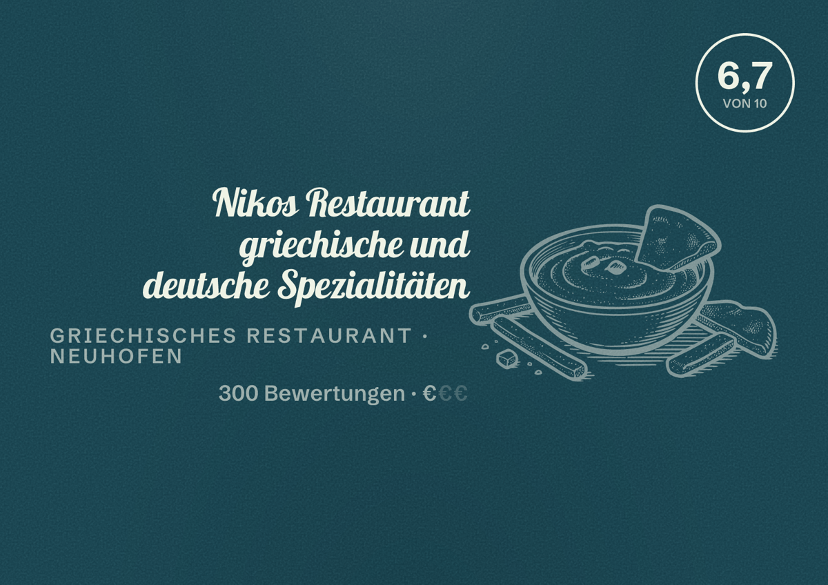 Illustriertes Poster von Nikos Restaurant griechische und deutsche Spezialitäten, Griechisches Restaurant in Neuhofen: Bewertung 6,7 von 10 aus 300 Bewertungen, Preisniveau €