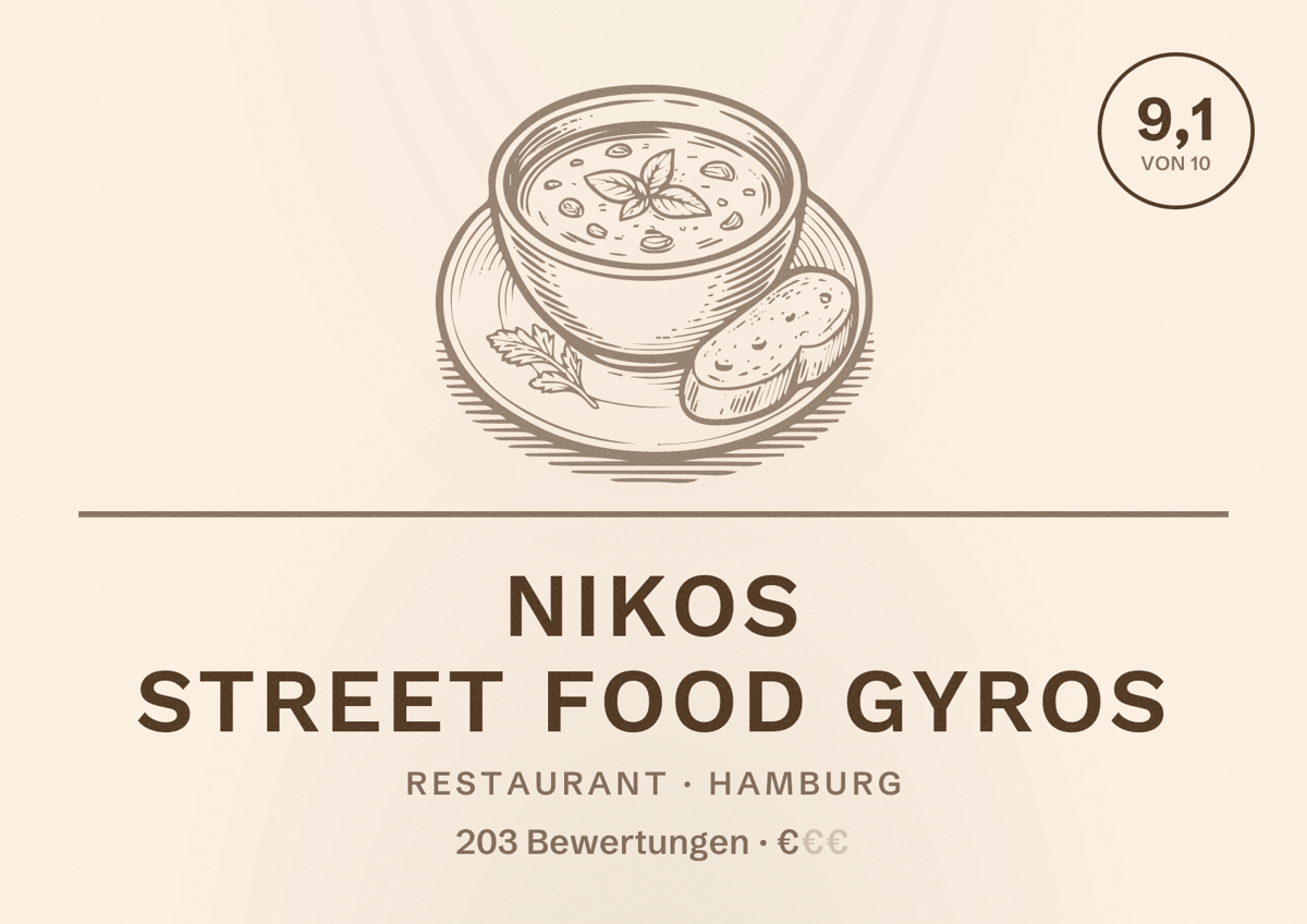 Illustriertes Poster von Nikos Street Food Gyros, Restaurant in Hamburg: Bewertung 9,1 von 10 aus 203 Bewertungen, Preisniveau €