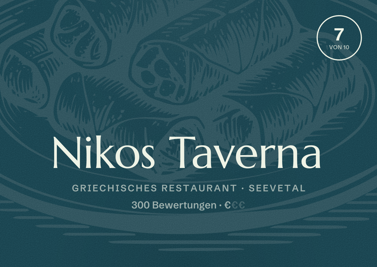 Illustriertes Poster von Nikos Taverna, Griechisches Restaurant in Seevetal: Bewertung 7 von 10 aus 300 Bewertungen, Preisniveau €