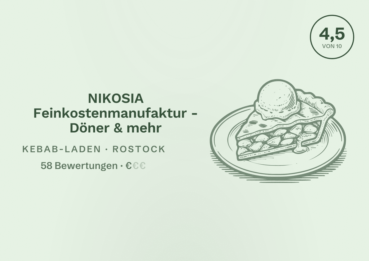 Illustriertes Poster von NIKOSIA Feinkostenmanufaktur - Döner & mehr, Kebab-Laden in Rostock: Bewertung 4,5 von 10 aus 58 Bewertungen, Preisniveau €