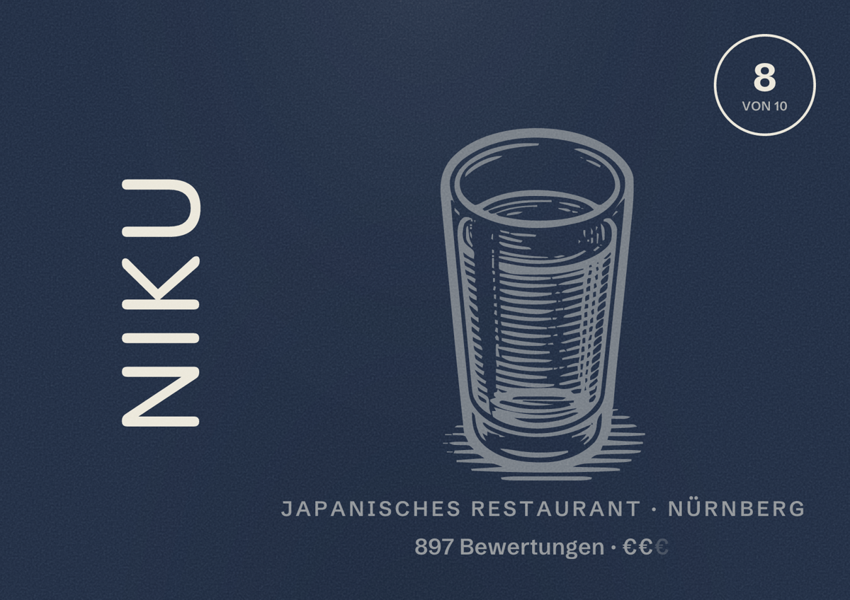 Illustriertes Poster von NIKU, Japanisches Restaurant in Nürnberg: Bewertung 8,0 von 10 aus 897 Bewertungen, Preisniveau €€