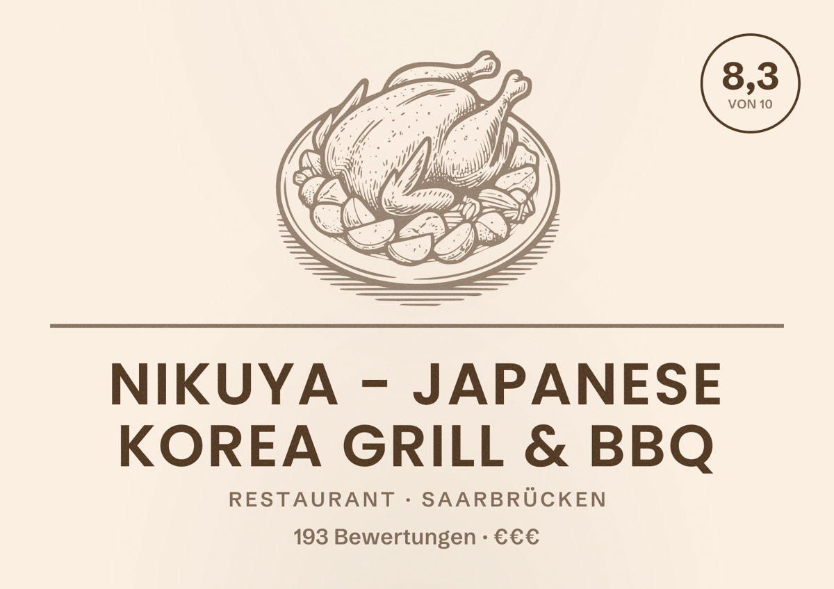 Illustriertes Poster von NIKUYA - Japanese Korea Grill & BBQ, Restaurant in Saarbrücken: Bewertung 8,3 von 10 aus 193 Bewertungen, Preisniveau €€€