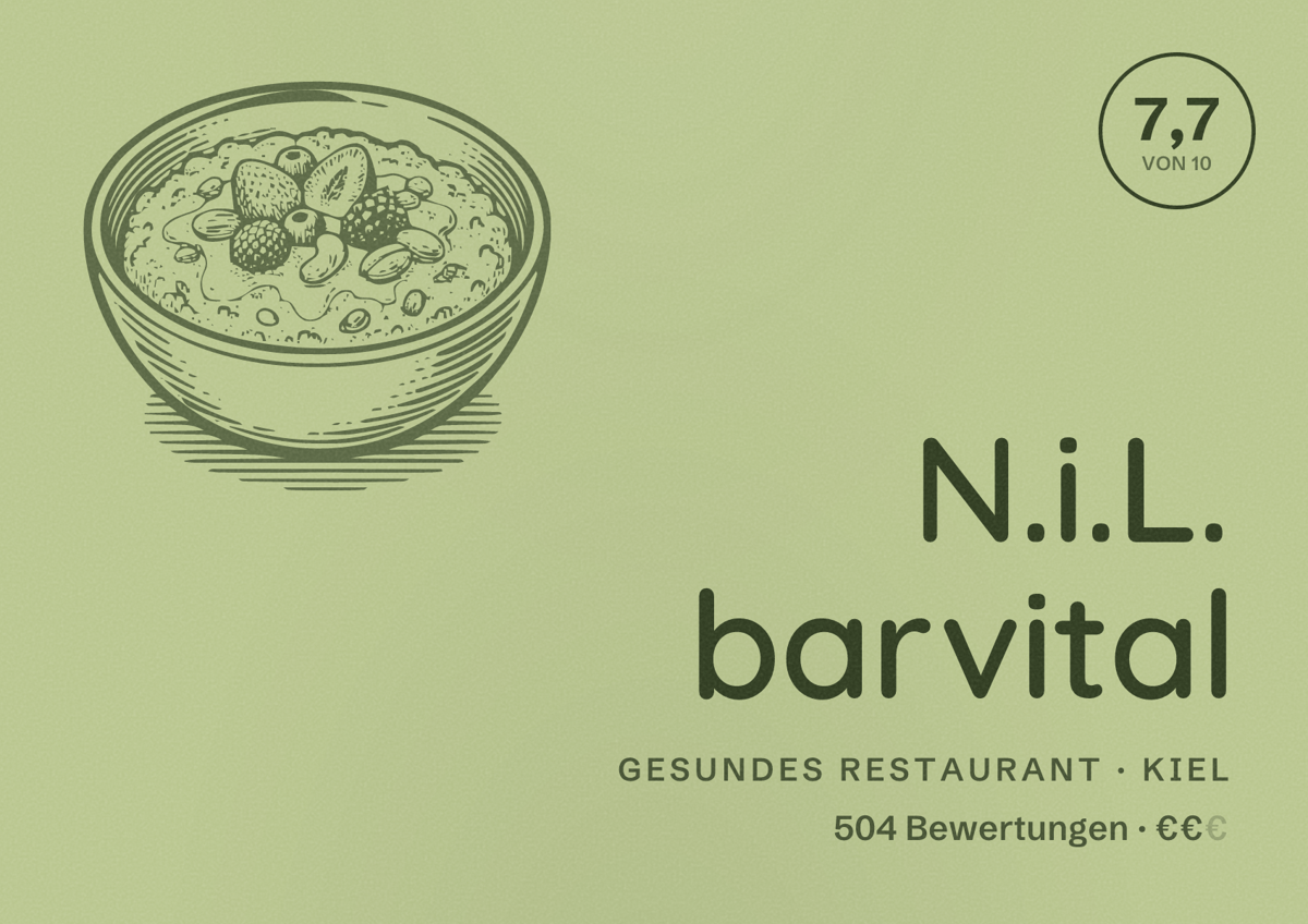 Illustriertes Poster von N.i.L. barvital, Gesundes Restaurant in Kiel: Bewertung 7,7 von 10 aus 504 Bewertungen, Preisniveau €€