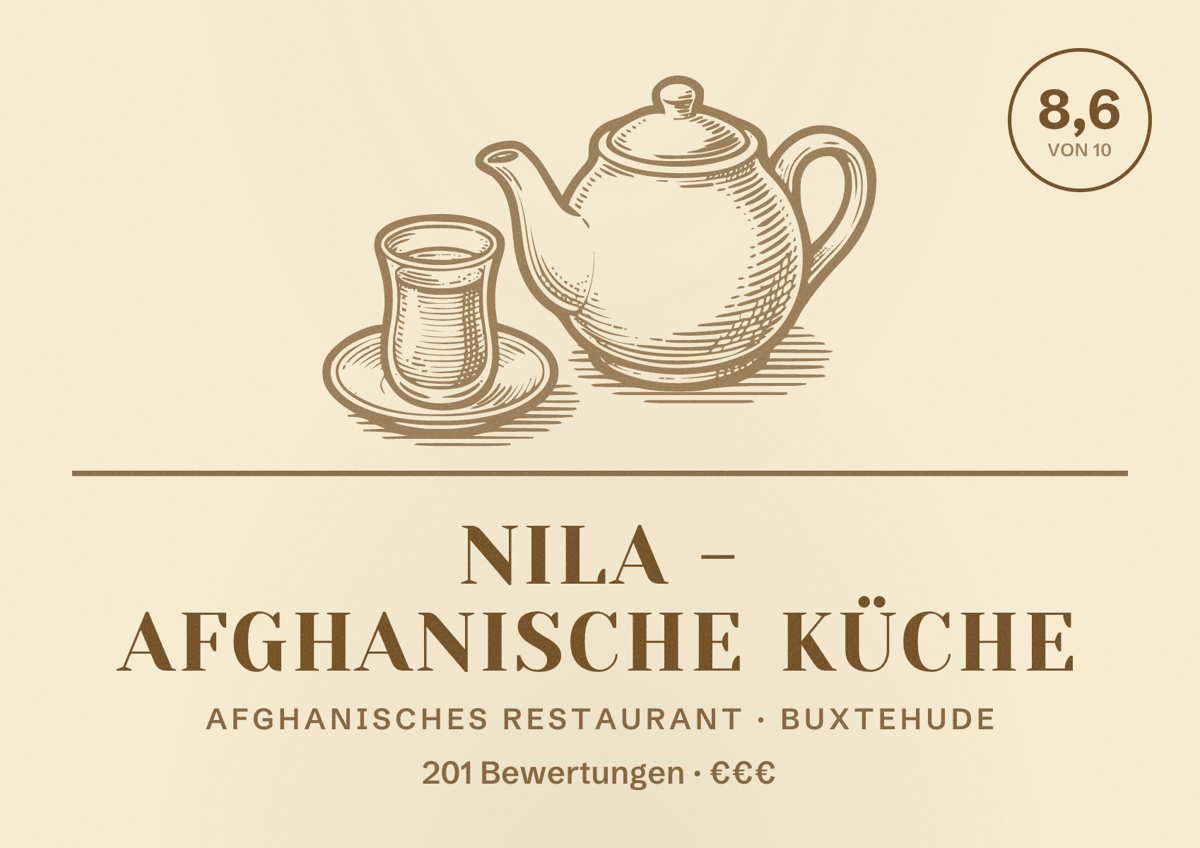 Illustriertes Poster von Nila - Afghanische Küche, Afghanisches Restaurant in Buxtehude: Bewertung 8,6 von 10 aus 201 Bewertungen, Preisniveau €€€