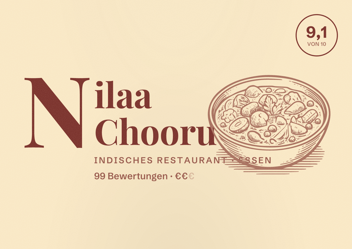 Illustriertes Poster von Nilaa Chooru, Indisches Restaurant in Essen: Bewertung 9,1 von 10 aus 99 Bewertungen, Preisniveau €€