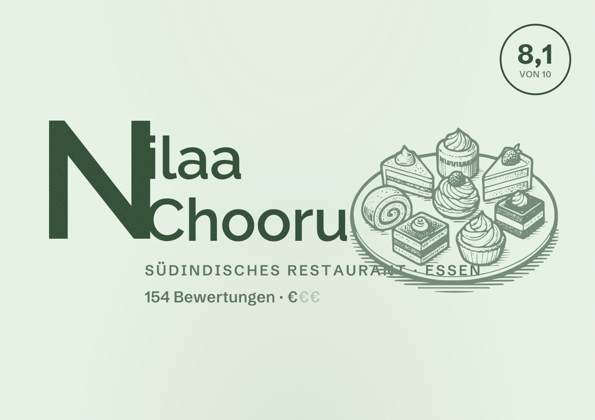 Illustriertes Poster von Nilaa Chooru, Südindisches Restaurant in Essen: Bewertung 8,1 von 10 aus 154 Bewertungen, Preisniveau €