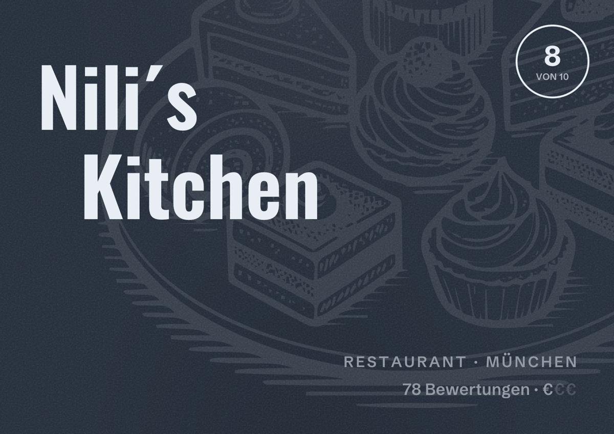 Illustriertes Poster von Nili´s Kitchen, Restaurant in München: Bewertung 8,0 von 10 aus 78 Bewertungen, Preisniveau €