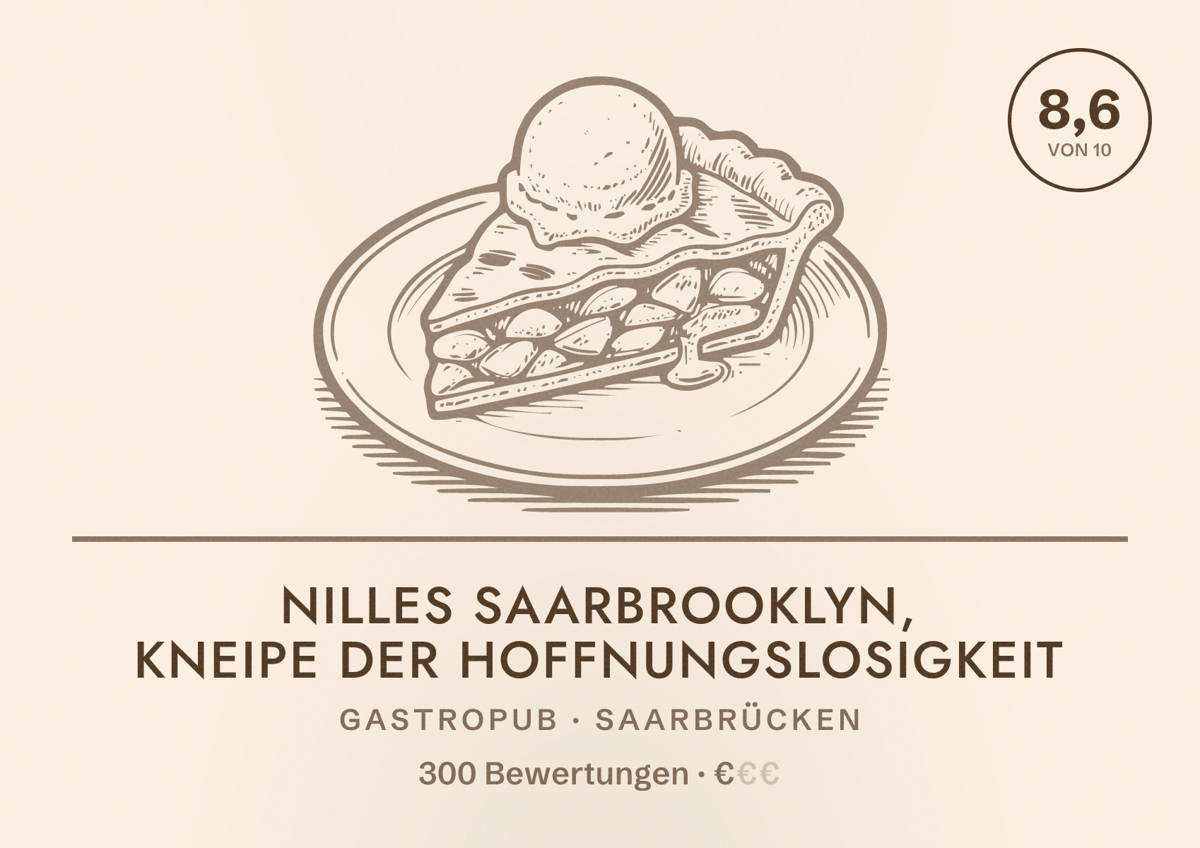 Illustriertes Poster von Nilles Saarbrooklyn, Kneipe der Hoffnungslosigkeit, Gastropub in Saarbrücken: Bewertung 8,6 von 10 aus 300 Bewertungen, Preisniveau €