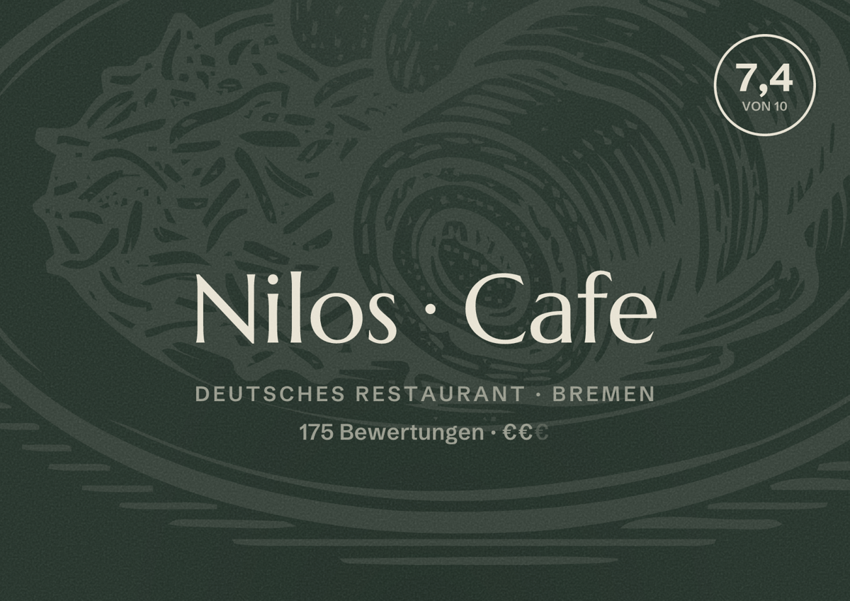 Illustriertes Poster von Nilos Cafe, Deutsches Restaurant in Bremen: Bewertung 7,4 von 10 aus 175 Bewertungen, Preisniveau €€