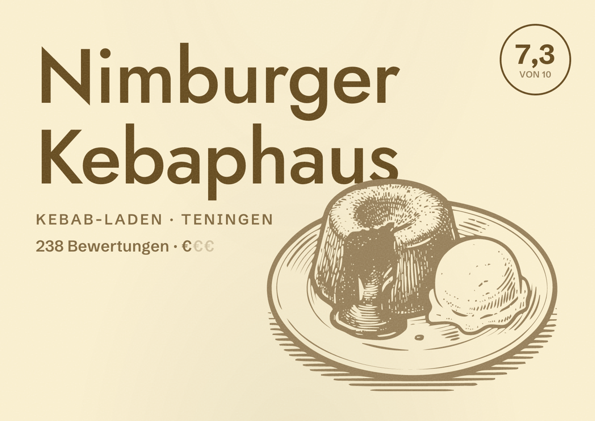 Illustriertes Poster von Nimburger Kebaphaus, Kebab-Laden in Teningen: Bewertung 7,3 von 10 aus 238 Bewertungen, Preisniveau €