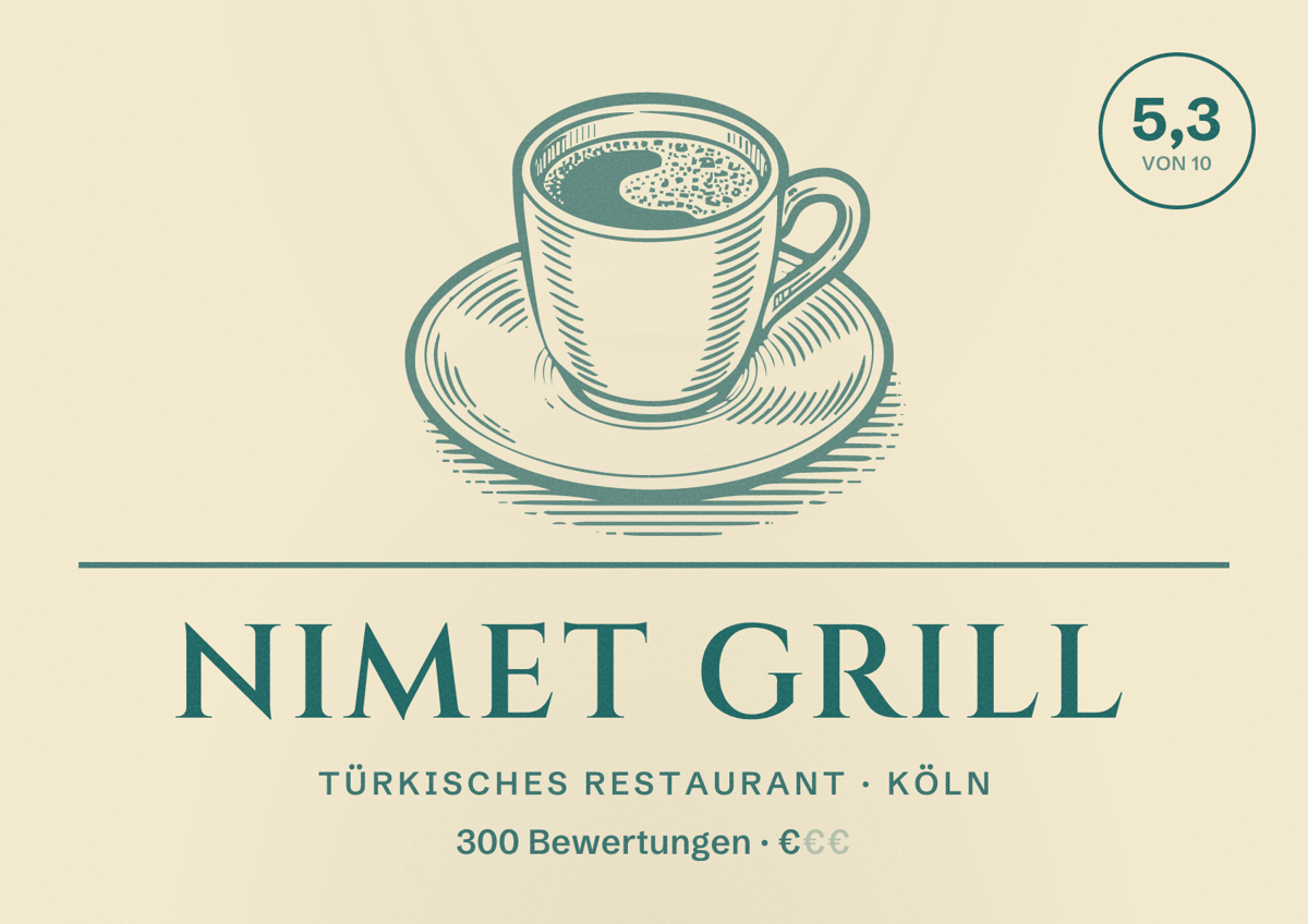 Illustriertes Poster von Nimet Grill, Türkisches Restaurant in Köln: Bewertung 5,3 von 10 aus 300 Bewertungen, Preisniveau €
