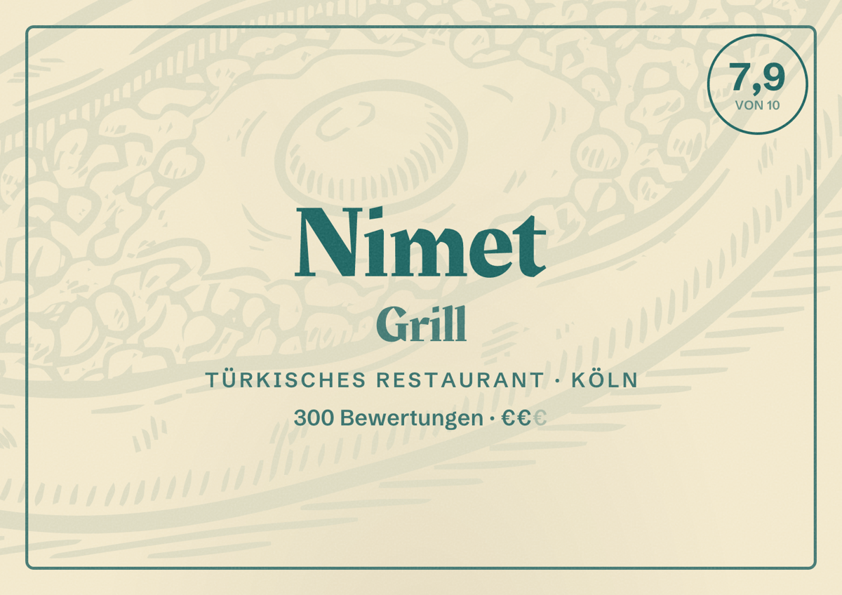 Illustriertes Poster von Nimet Grill, Türkisches Restaurant in Köln: Bewertung 7,9 von 10 aus 300 Bewertungen, Preisniveau €€