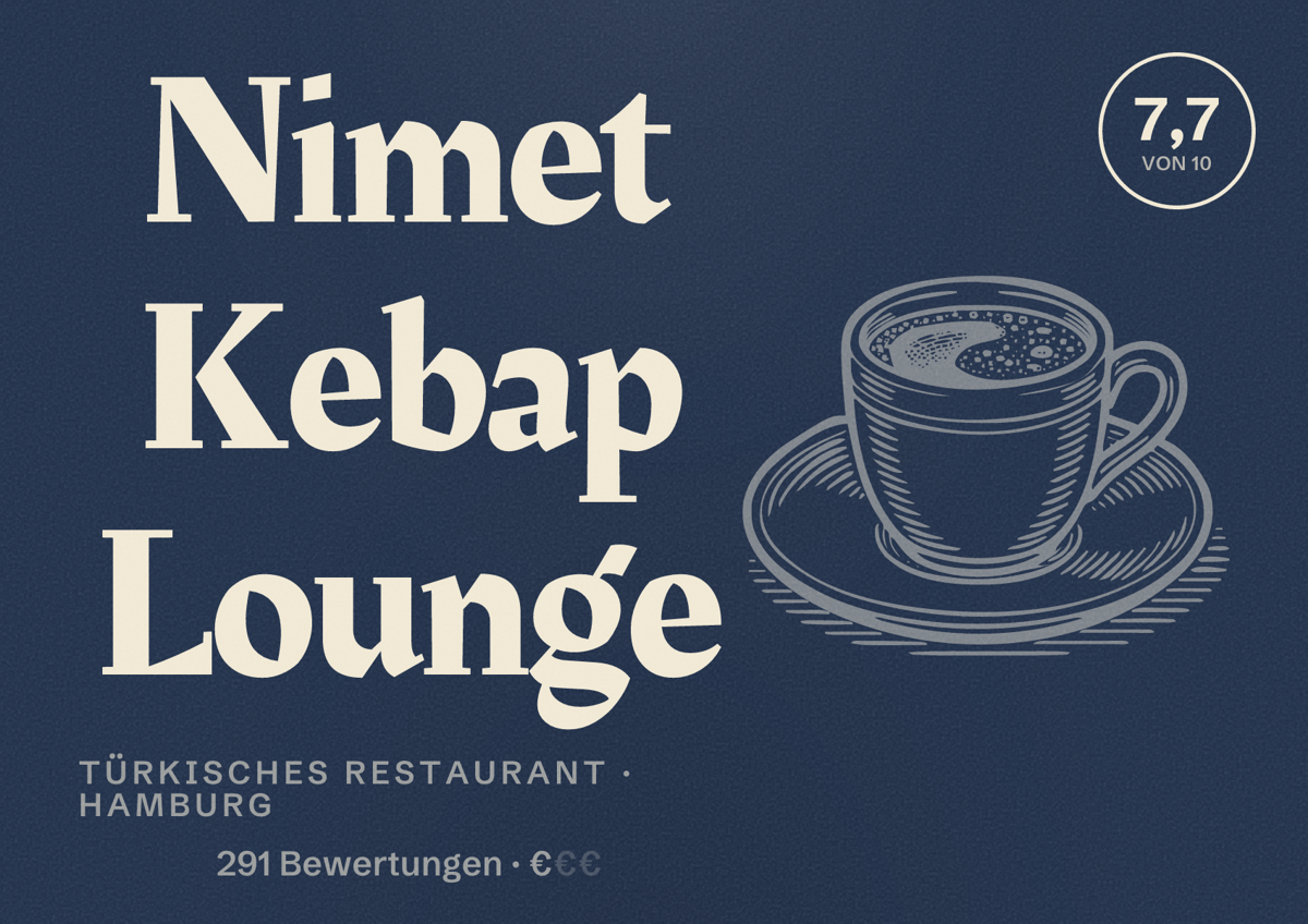 Illustriertes Poster von Nimet Kebap Lounge, Türkisches Restaurant in Hamburg: Bewertung 7,7 von 10 aus 291 Bewertungen, Preisniveau €