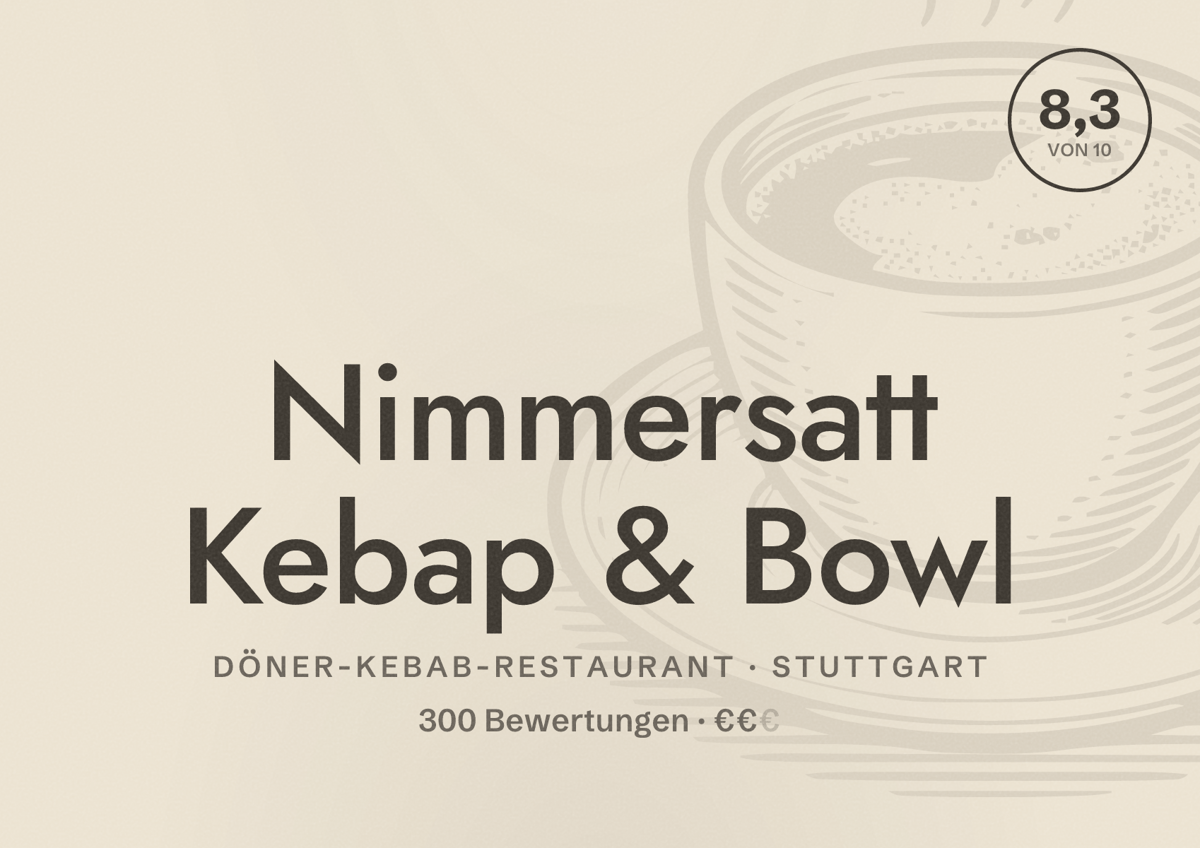 Illustriertes Poster von Nimmersatt Kebap & Bowl, Döner-Kebab-Restaurant in Stuttgart: Bewertung 8,3 von 10 aus 300 Bewertungen, Preisniveau €€