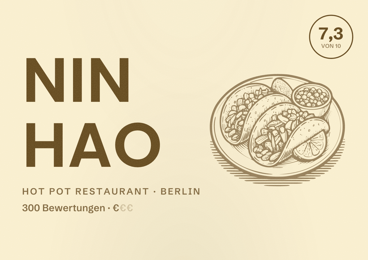Illustriertes Poster von Nin Hao, Hot Pot Restaurant in Berlin: Bewertung 7,3 von 10 aus 300 Bewertungen, Preisniveau €
