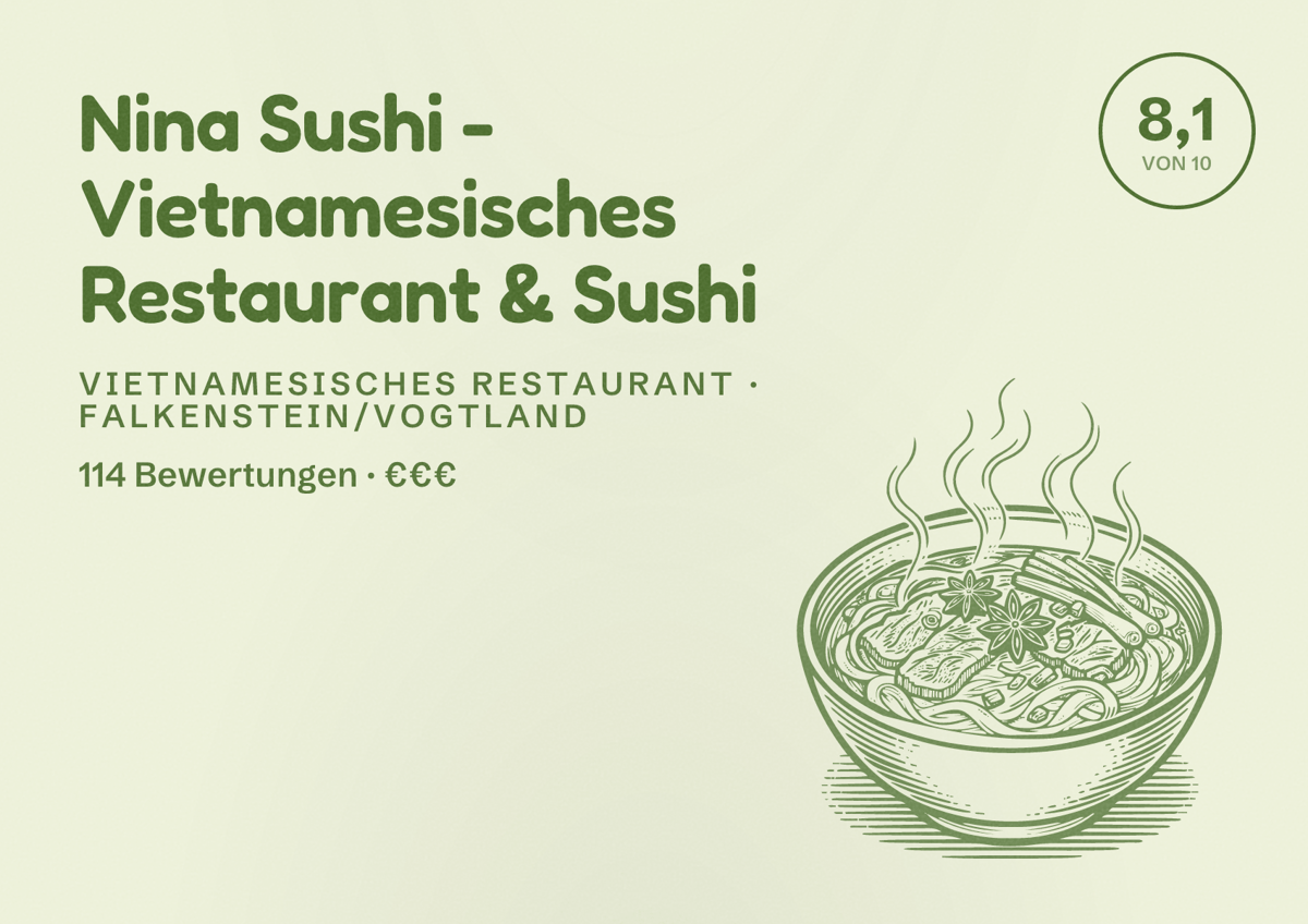 Illustriertes Poster von Nina Sushi - Vietnamesisches Restaurant & Sushi, Vietnamesisches Restaurant in Falkenstein/Vogtland: Bewertung 8,1 von 10 aus 114 Bewertungen, Preisniveau €€€