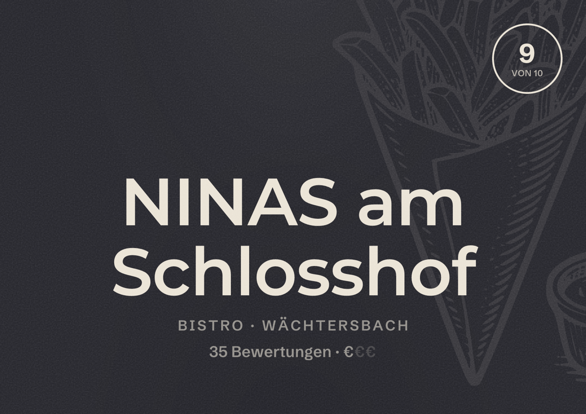 Illustriertes Poster von NINAS am Schlosshof, Bistro in Wächtersbach: Bewertung 9 von 10 aus 35 Bewertungen, Preisniveau €