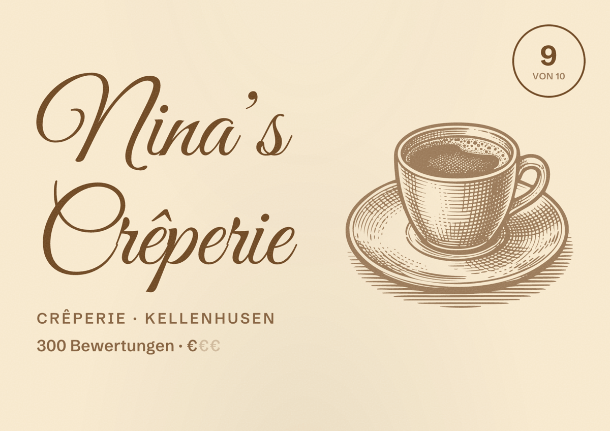 Illustriertes Poster von Nina’s Crêperie, Crêperie in Kellenhusen: Bewertung 9 von 10 aus 300 Bewertungen, Preisniveau €