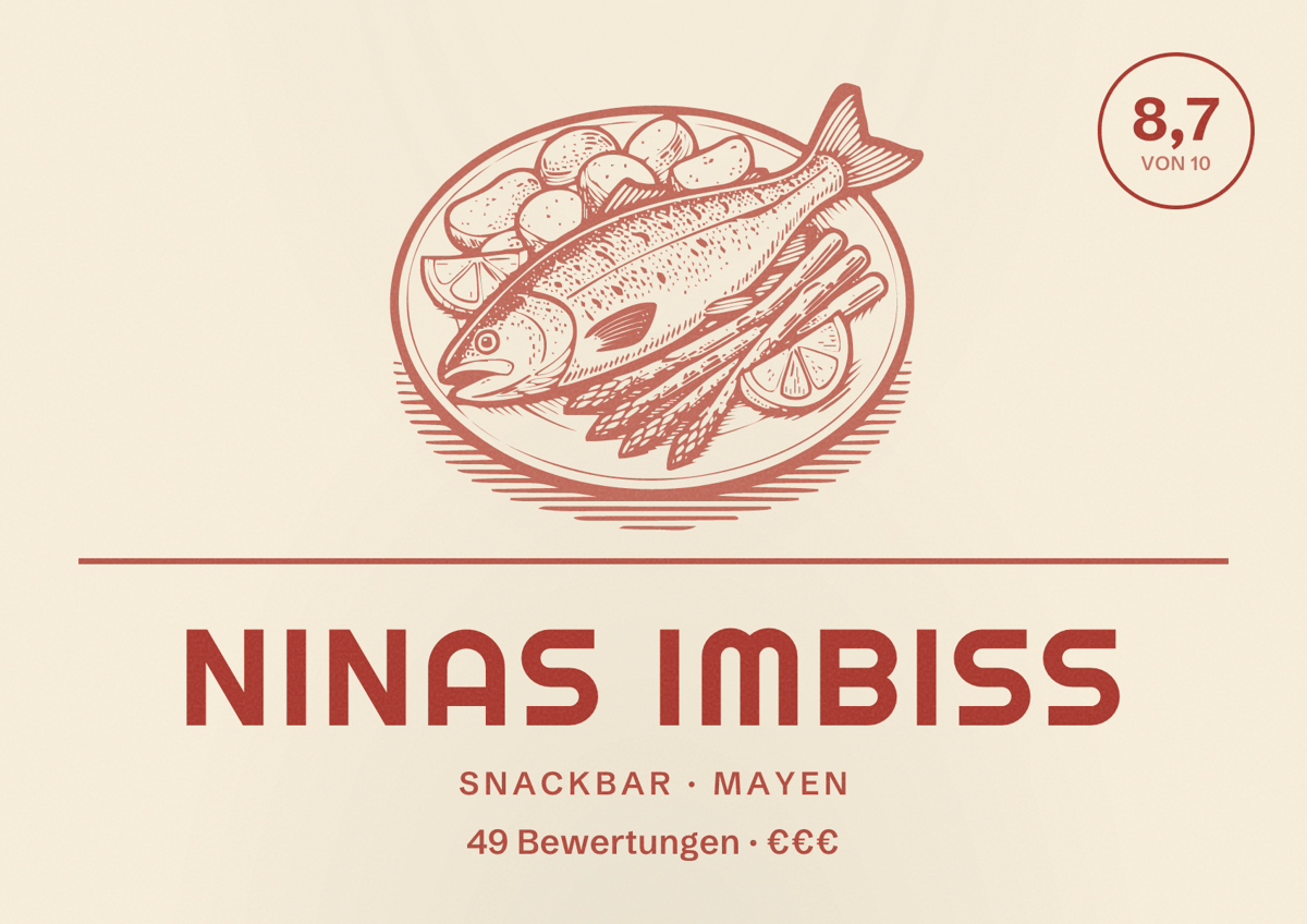 Illustriertes Poster von Ninas Imbiss, Snackbar in Mayen: Bewertung 8,7 von 10 aus 49 Bewertungen, Preisniveau €€€